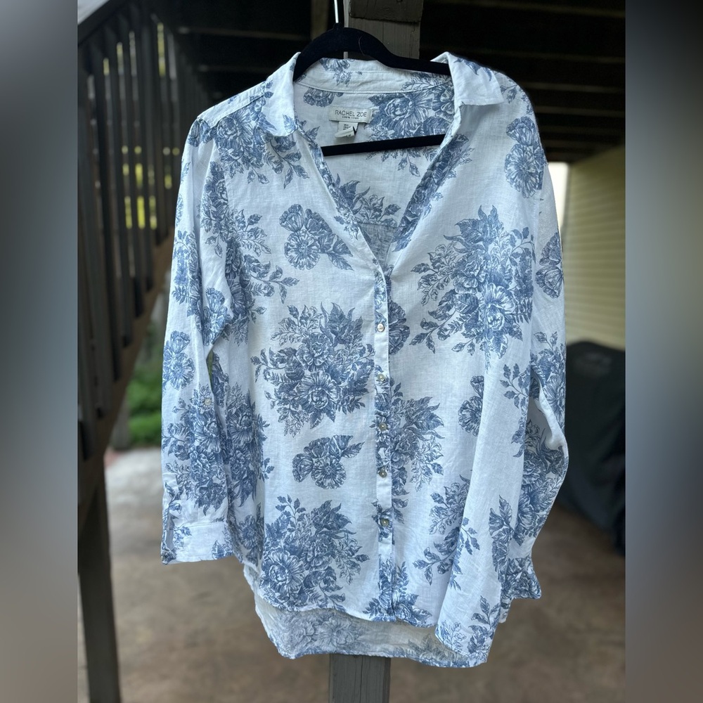 Rachel Zoe Blue Floral Button Down Shirt Ralph Lauren style 100% Linen